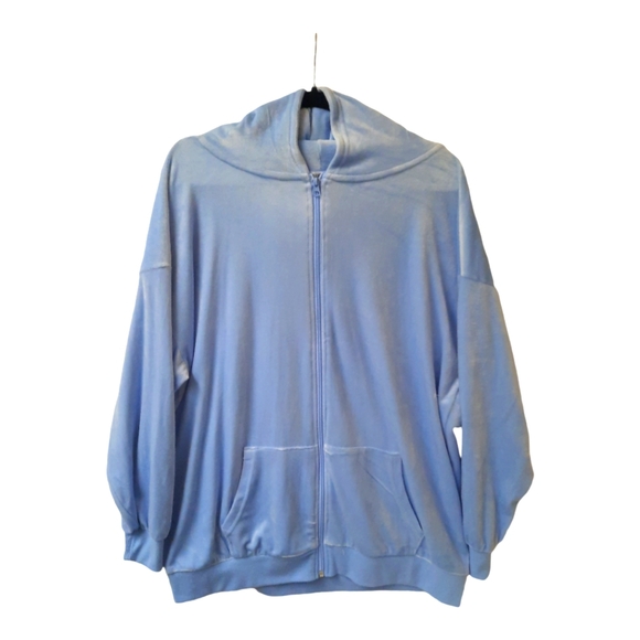 Tops - New Blue Full Zip Velvet Velour Womens Hooded Long Sleeve L-XL